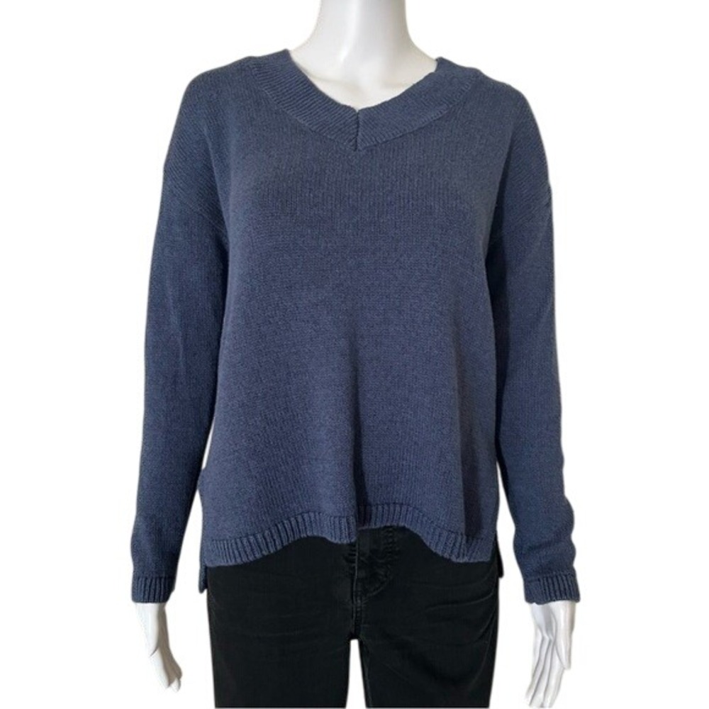 Talbots Blue Long Sleeve Linen Cotton Knit V Neck Sweater - Small